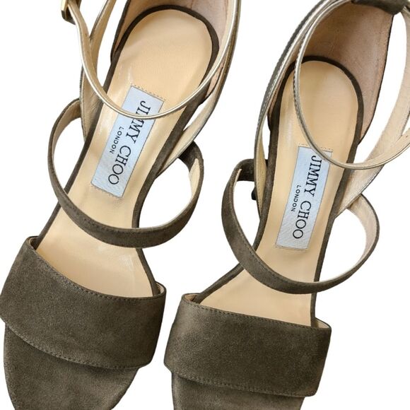 Jimmy Choo Green Suede Sandals Strappy Metallic Ankle Strap Platform Heels 36.5 - Picture 10 of 16
